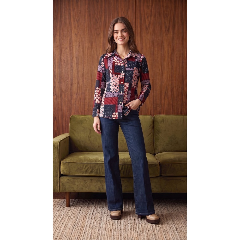 Vintage 70s Patchwork Navy Multicol Long Sleeve Blouse Dagger Collar Women's S/M